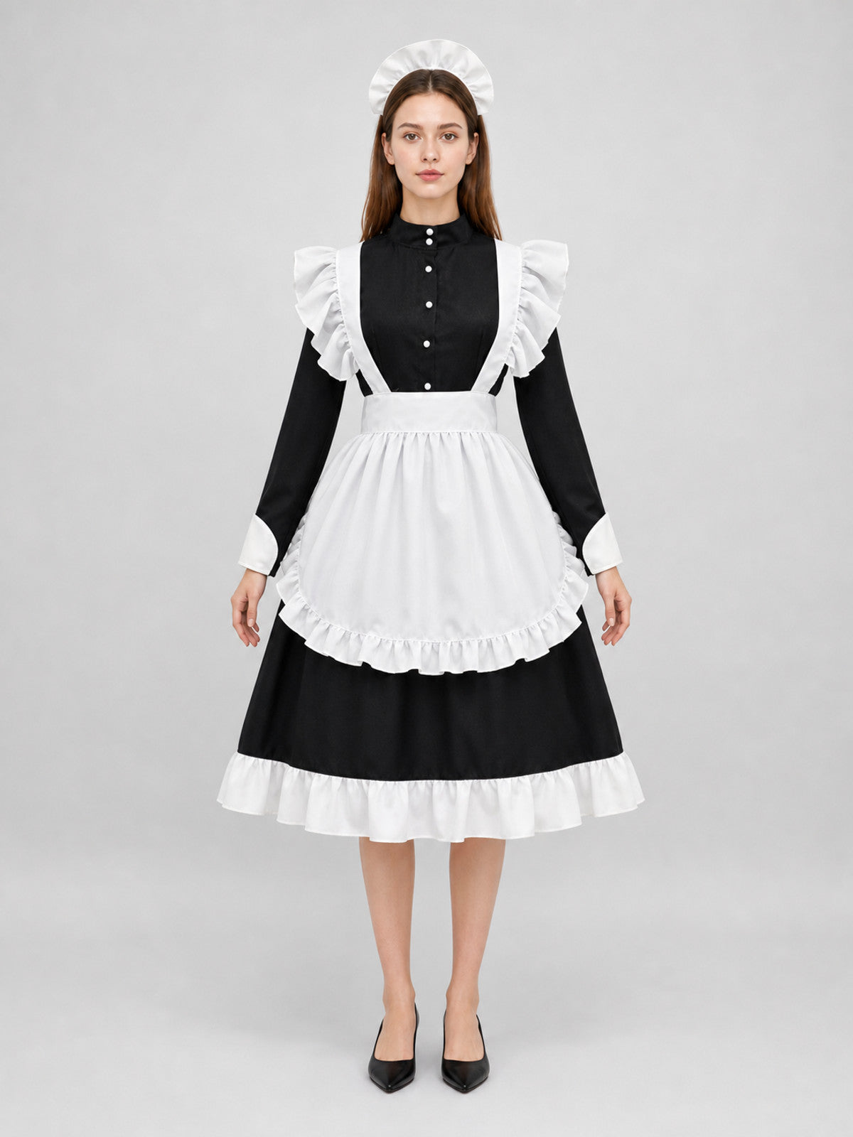 Costume Dress with White Apron and Cap front view