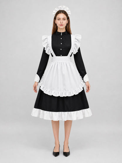 Costume Dress with White Apron and Cap front view