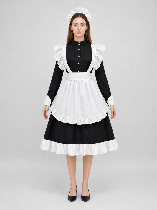 Costume Dress with White Apron and Cap front view