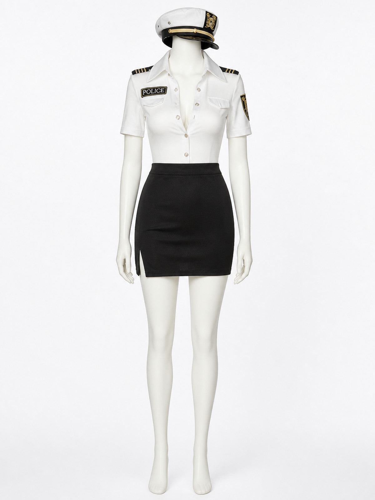 Women's Police Officer Costume Set, White Short Sleeve Top & Black Skirt with on-model view