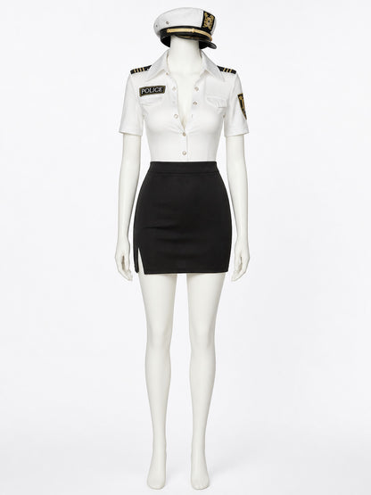 Women's Police Officer Costume Set, White Short Sleeve Top & Black Skirt with on-model view
