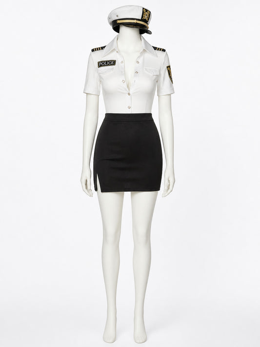 Women's Police Officer Costume Set, White Short Sleeve Top & Black Skirt with on-model view