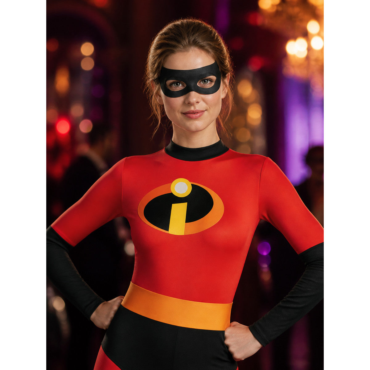 Kids Superhero Costume, Red-Black Bodysuit With Gold Belt and Chest Badge for on-model view