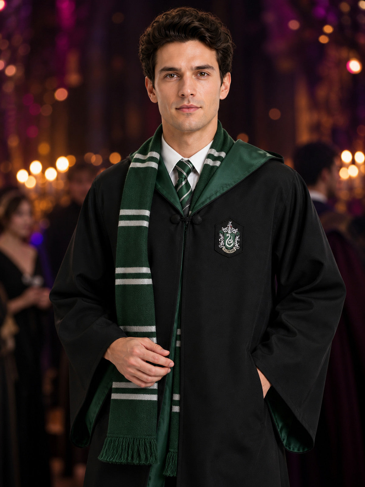 Wizard Robe Costume Set, Black Long Robe With Badge, Green-Black Striped Tassel on-model view