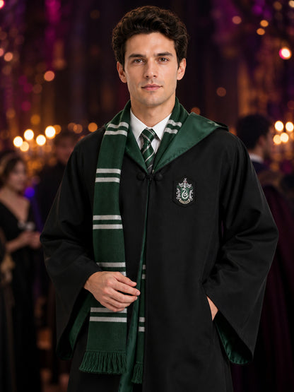 Wizard Robe Costume Set, Black Long Robe With Badge, Green-Black Striped Tassel on-model view