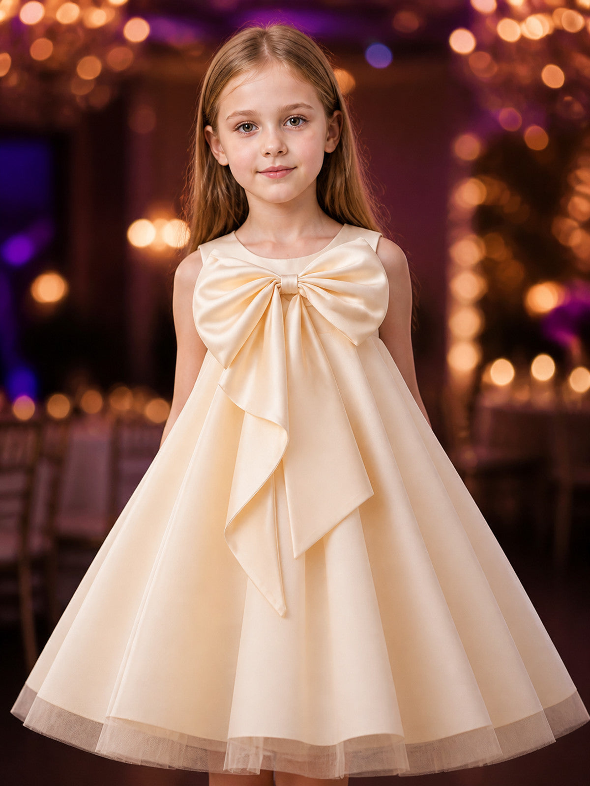 Girls' Champagne Flower Girl Dress with Large Bow and Layered Tulle Skirt on-model view