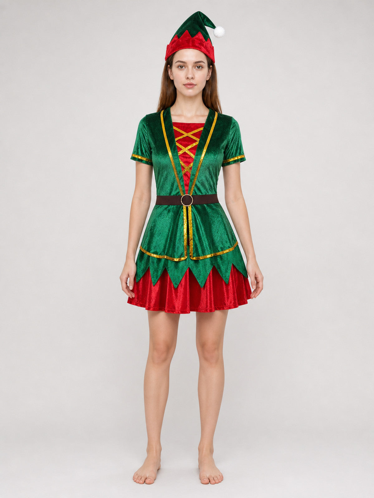 Christmas Elf Costume: Top, Skirt, Hat, and Belt front view