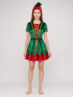 Christmas Elf Costume: Top, Skirt, Hat, and Belt