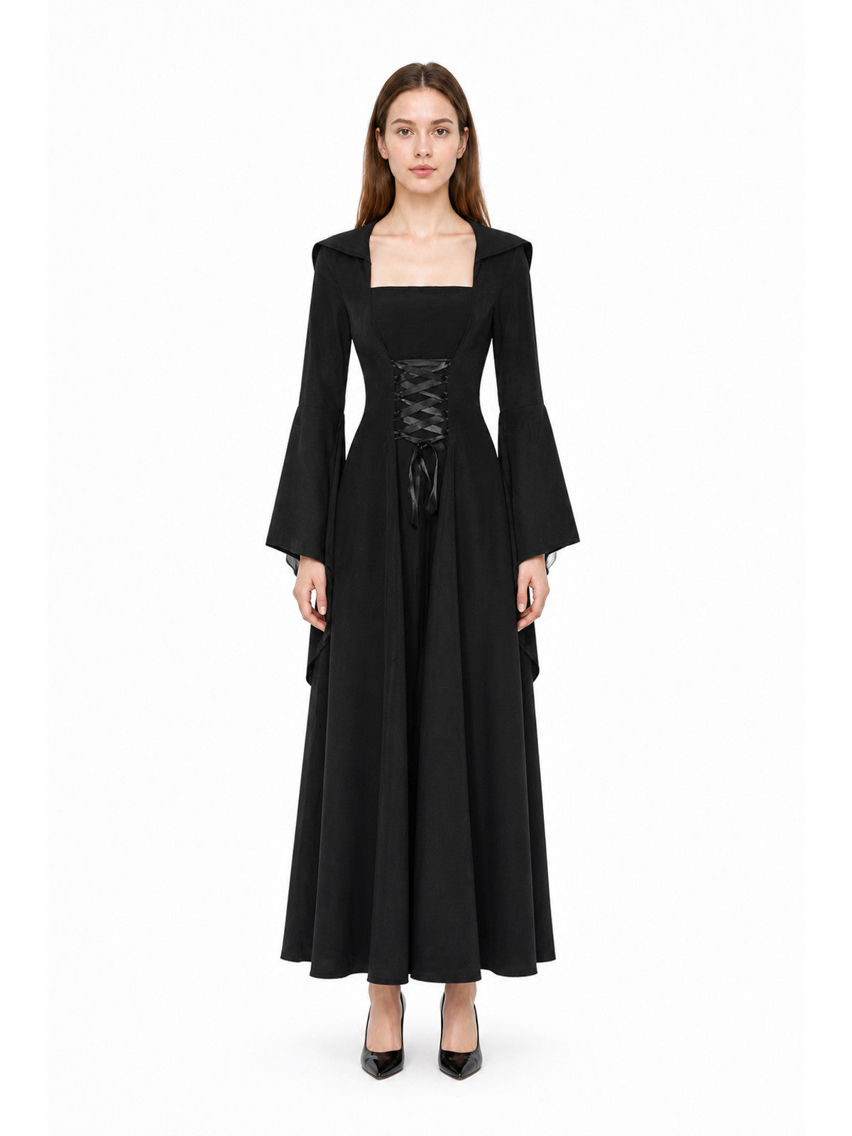 Long Gothic Hooded Lace-Up Dress main product view