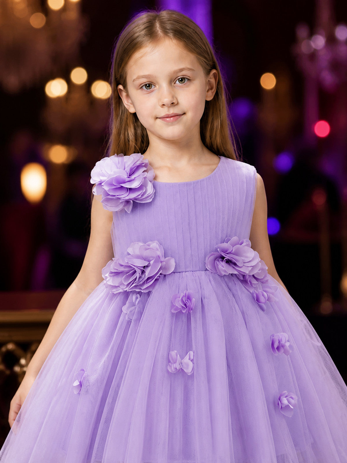 Girls' Lavender Princess Dress, Layered Tulle 3D Floral Flower Girl Outfit on-model view