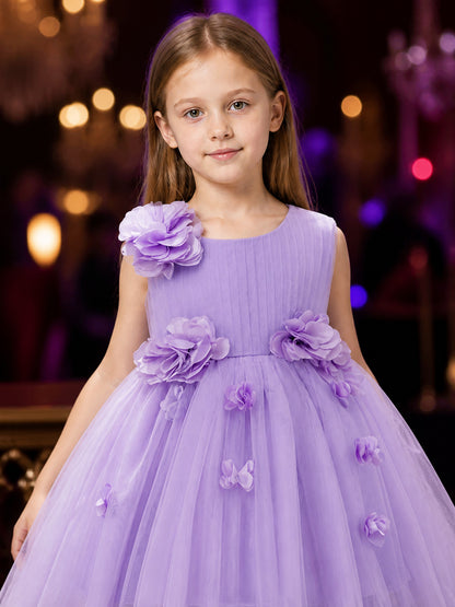 Girls' Lavender Princess Dress, Layered Tulle 3D Floral Flower Girl Outfit on-model view
