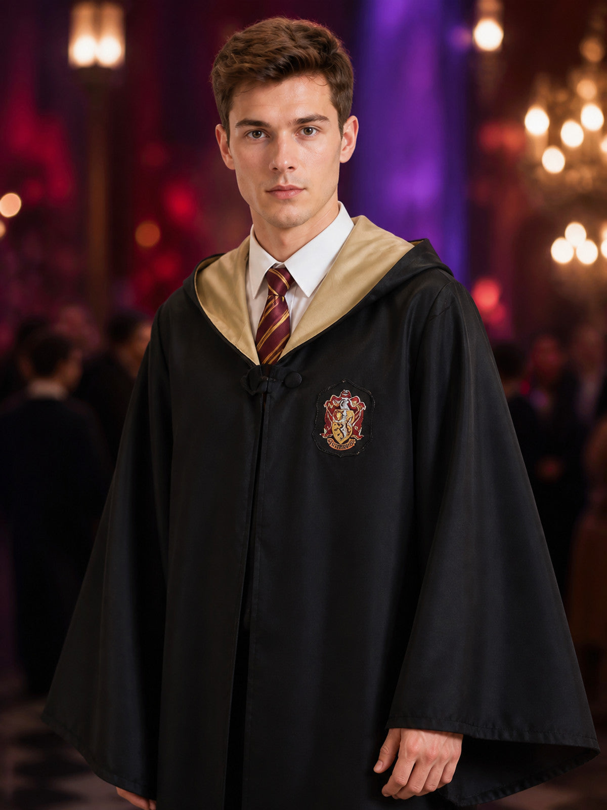 Black Hooded Wizard Robe Costume With Academy Crest, Long Sleeve Halloween on-model view