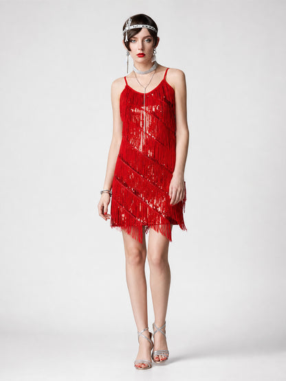 Red 1920s-Style Fringe Dress for Parties on-model view