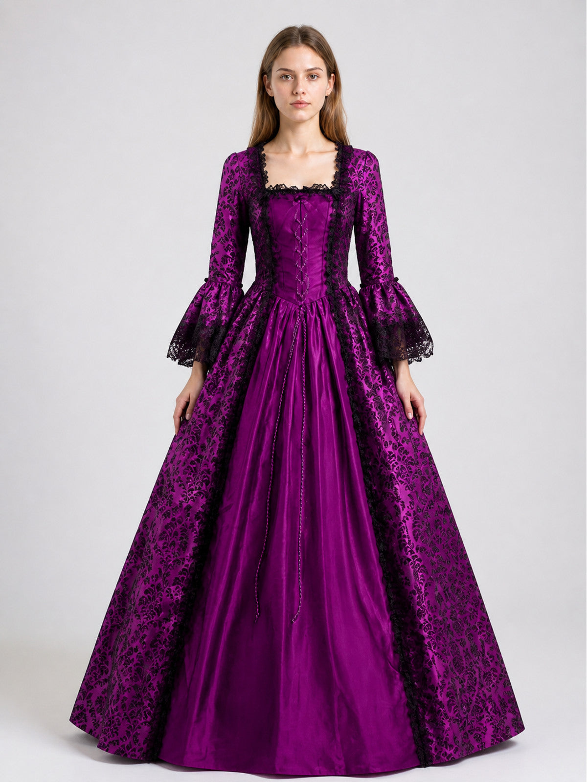 Long Dress with Lace and Decorative Lacing on-model view