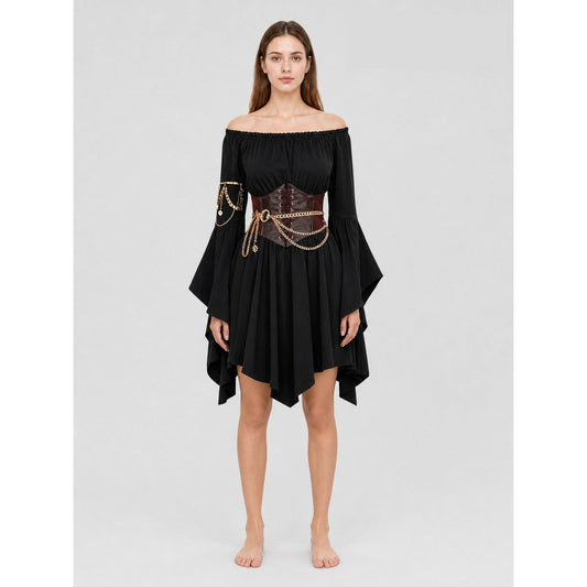 Model wearing the women's black off-shoulder Renaissance dress with bell sleeves, brown lace-up waist cincher, gold waist chain and arm cuff, front view