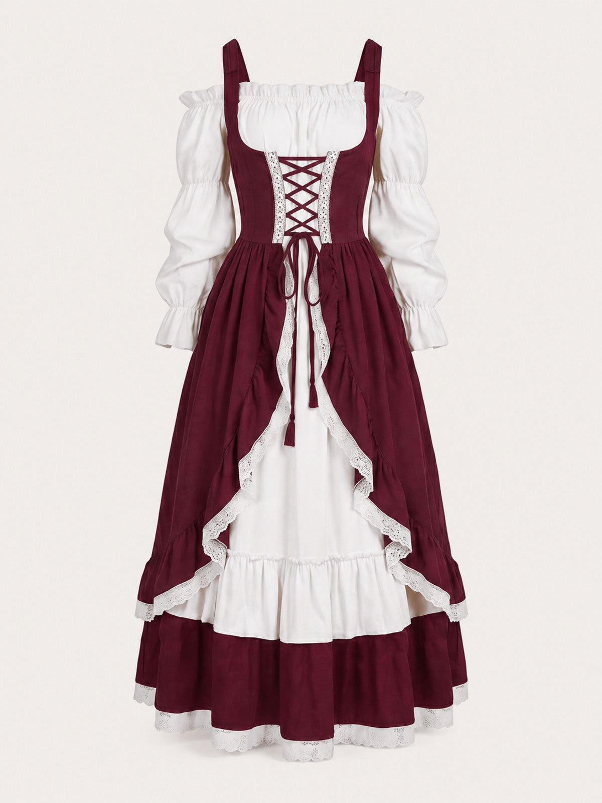 Burgundy Dress with Corset Lacing and Puff Sleeves main product view