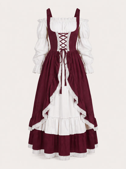 Burgundy Dress with Corset Lacing and Puff Sleeves main product view