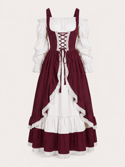 Burgundy Dress with Corset Lacing and Puff Sleeves main product view