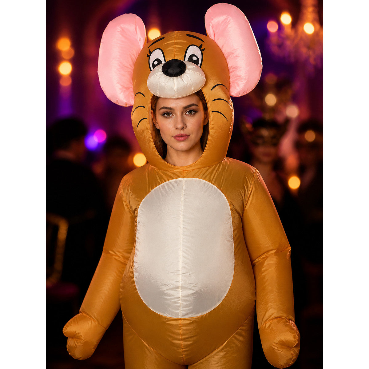 Inflatable Mouse Costume, Orange Animal Bodysuit with Pink Ears for Halloween on-model view