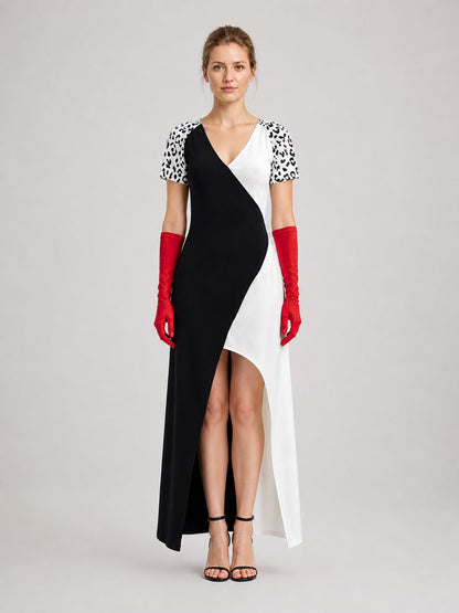 Black-and-White Asymmetrical Leopard Print Dress for Cosplay on-model view