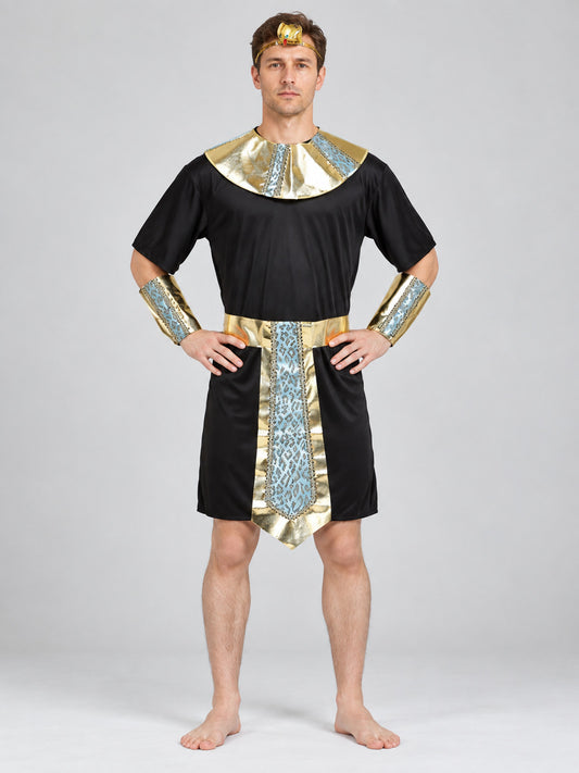 Men's Egyptian Pharaoh Costume – black tunic with gold collar, blue patterned belt panel and arm cuffs, front view