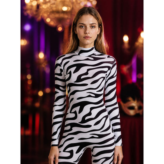 Adult Zebra Bodysuit Costume, Tight Fitted Halloween Animal Outfit on-model view