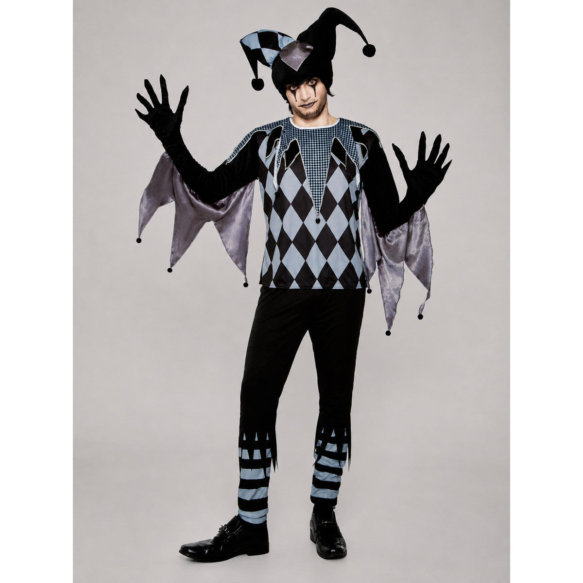 Clown costume designed in a striking circus style with elements of an evil clown on-model view