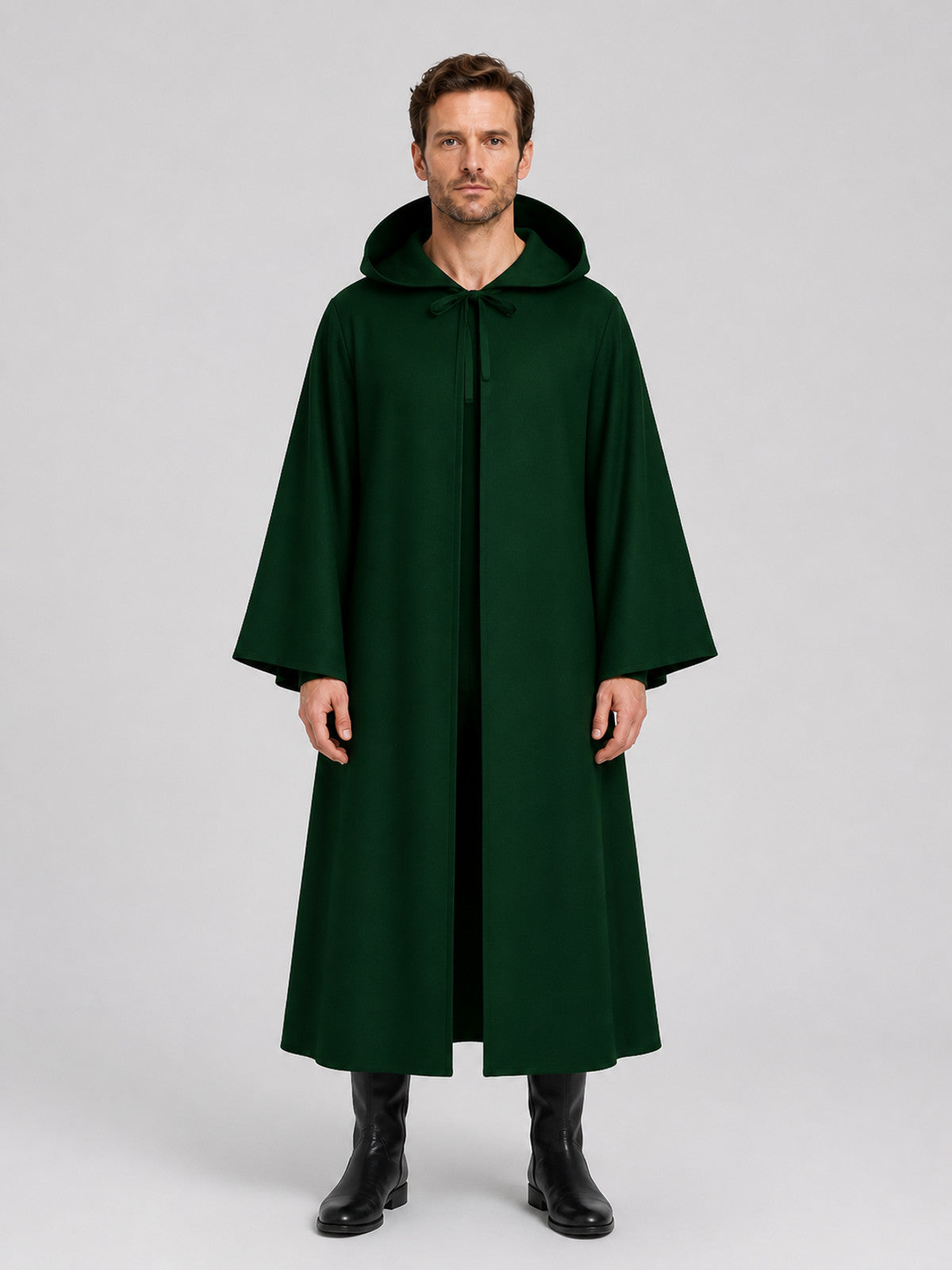 Dark Green Hooded Cloak for Halloween on-model view