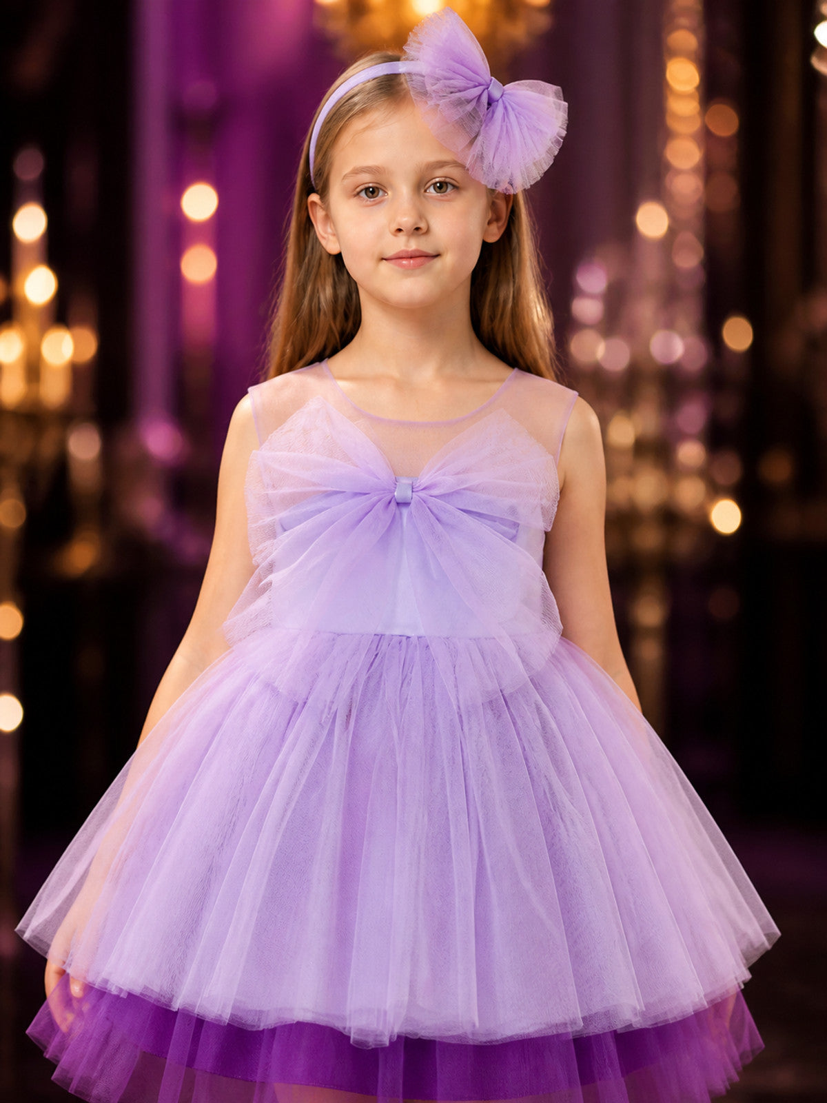 Baby Girls' Purple Princess Dress Set With Bow Headband, Layered Tulle on-model view