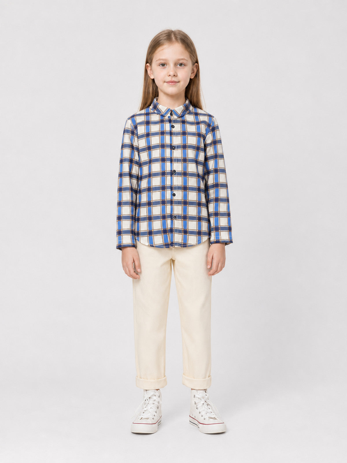 Long-Sleeve Plaid Shirt with Turn-Down Collar on-model view