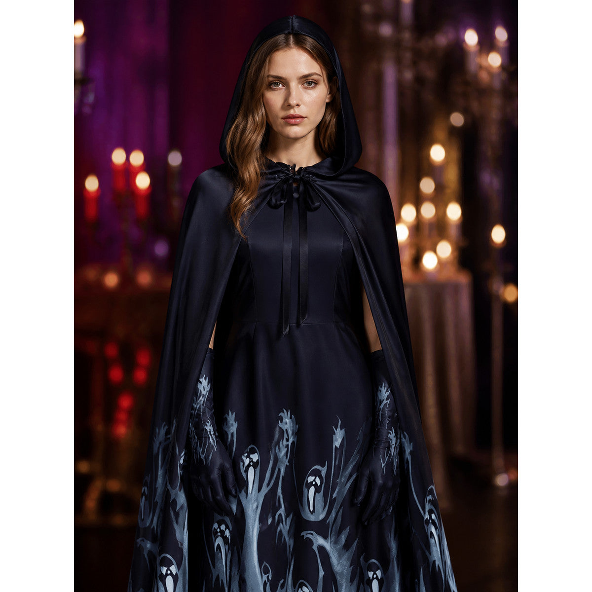 Witch Costume with Hood and Long Ghost-Patterned Dress on-model view