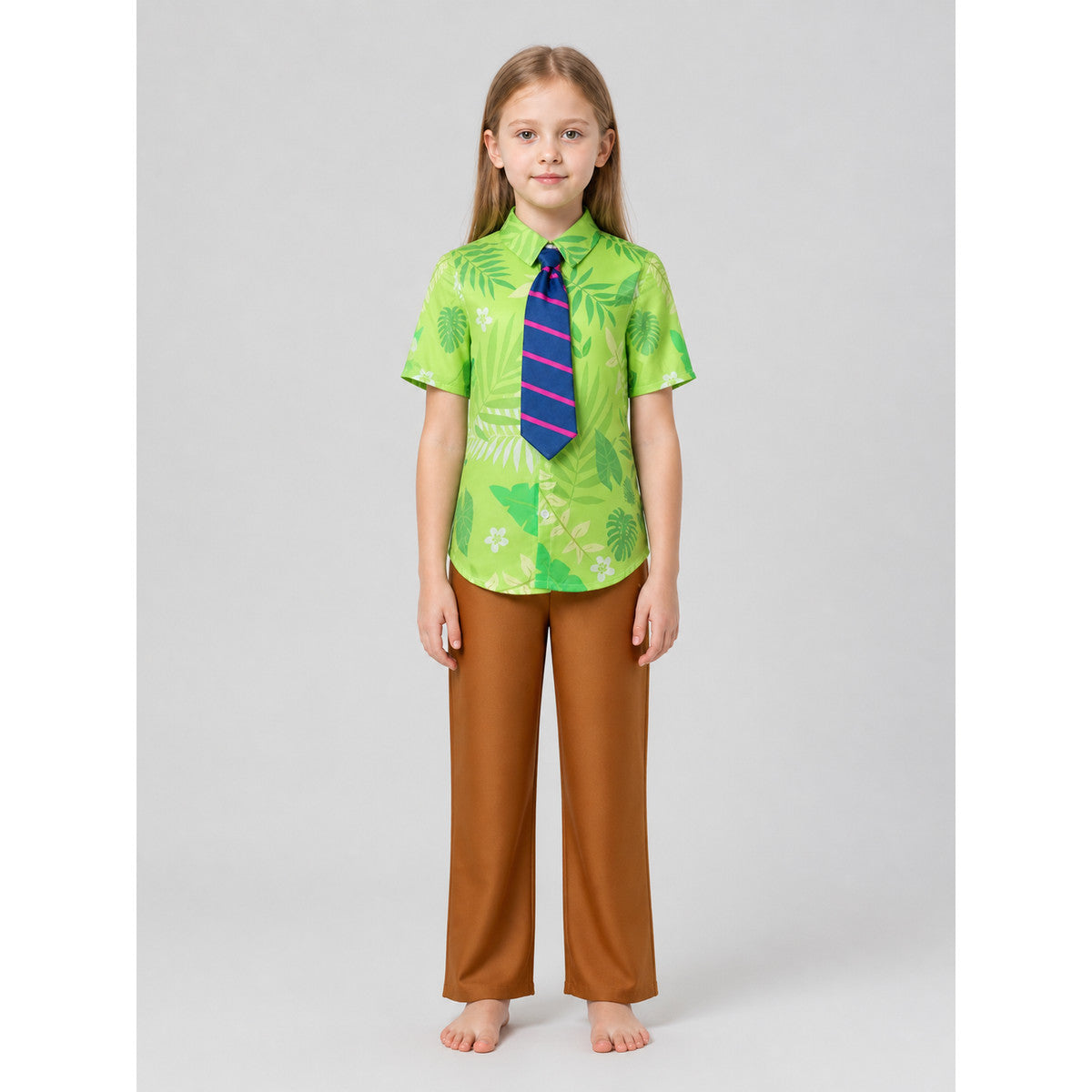 Nick the Fox costume with a green shirt, trousers, and tie on-model view