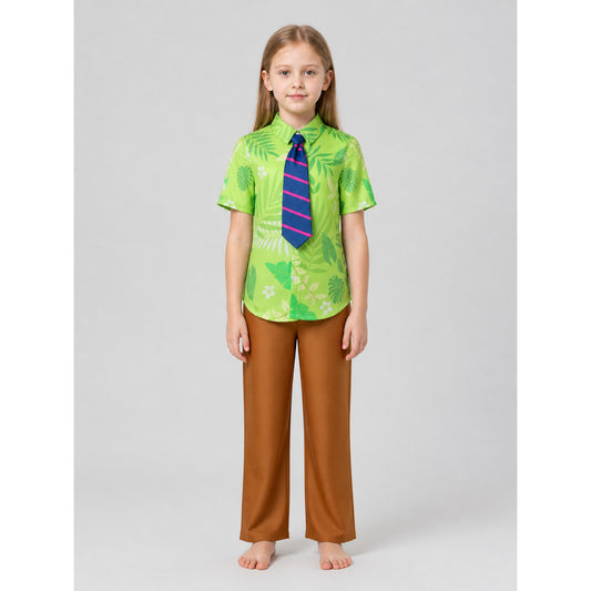 Nick the Fox costume with a green shirt, trousers, and tie on-model view