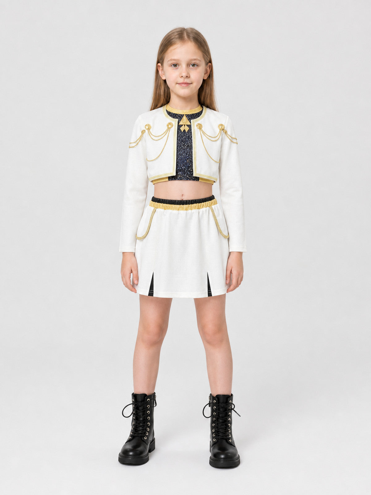 Children’s stage costume, white, black, and gold, 3 pieces on-model view