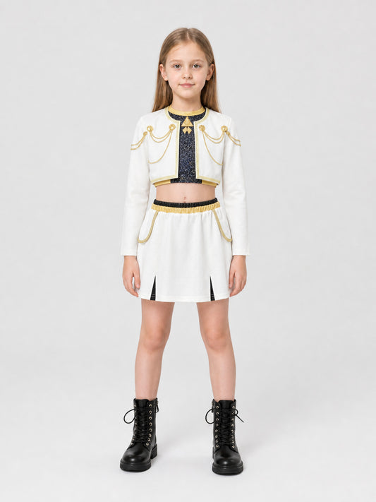 Children’s stage costume, white, black, and gold, 3 pieces on-model view