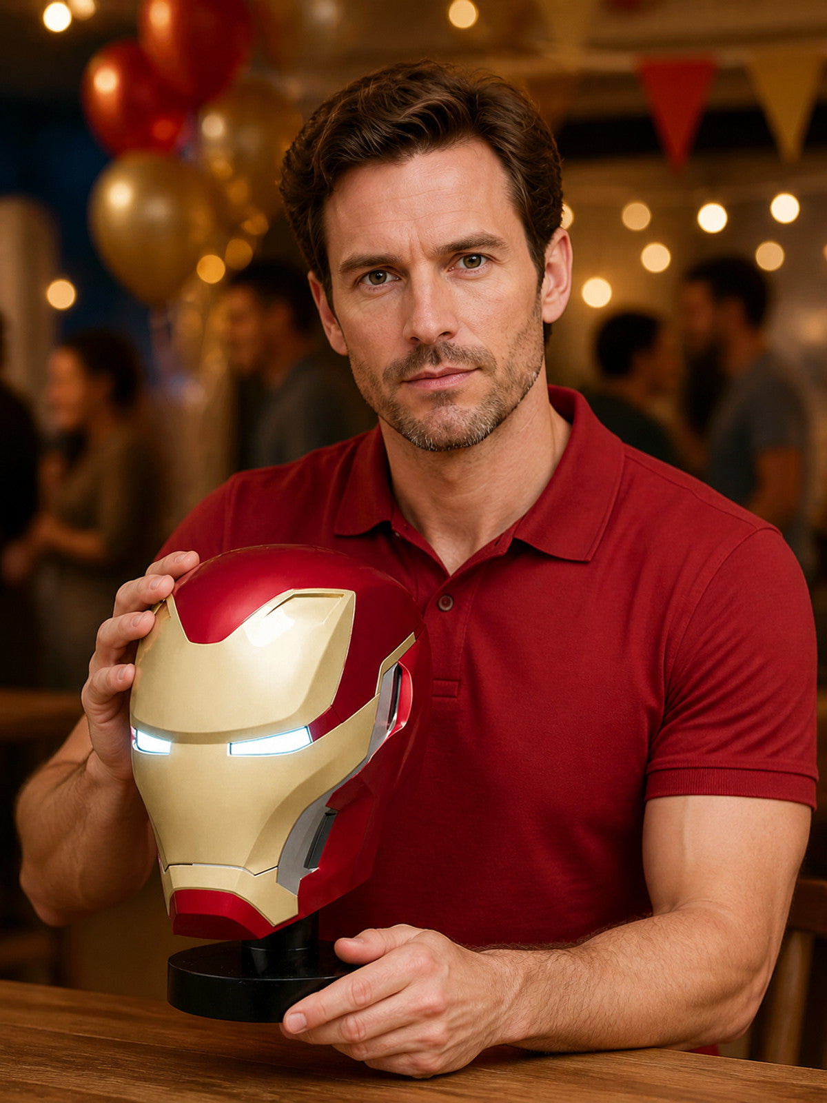 Red and Gold Cosplay Mask with LED Lights and Stand