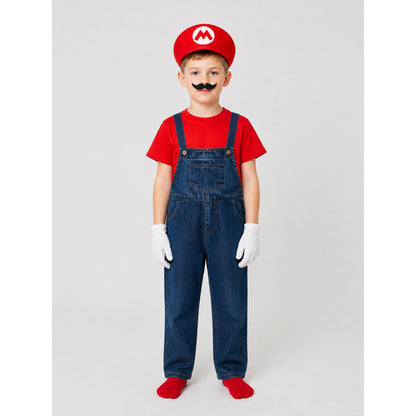 Mario Costume with T-Shirt, Hat, Mustache, and Overalls on-model view