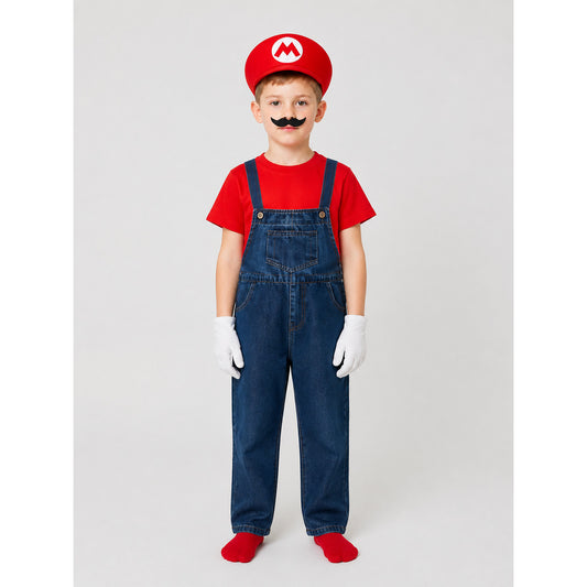 Mario Costume with T-Shirt, Hat, Mustache, and Overalls on-model view