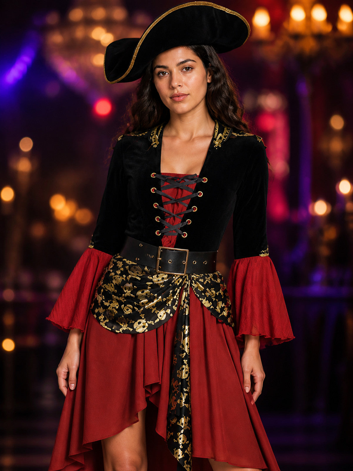 Women's Pirate Costume Dress Set, Red Black Gold, Lace-Up, Hat and Belt on-model view