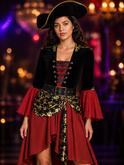 Women's Pirate Costume Dress Set, Red Black Gold, Lace-Up, Hat and Belt on-model view