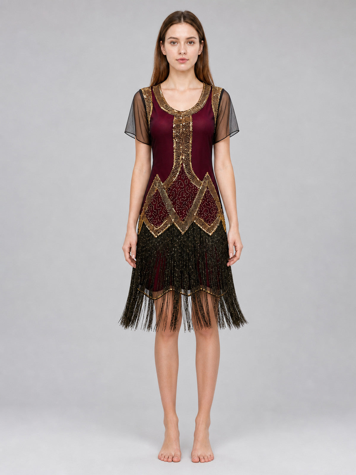 Gatsby-Style Dress with Fringe and Sequins front view