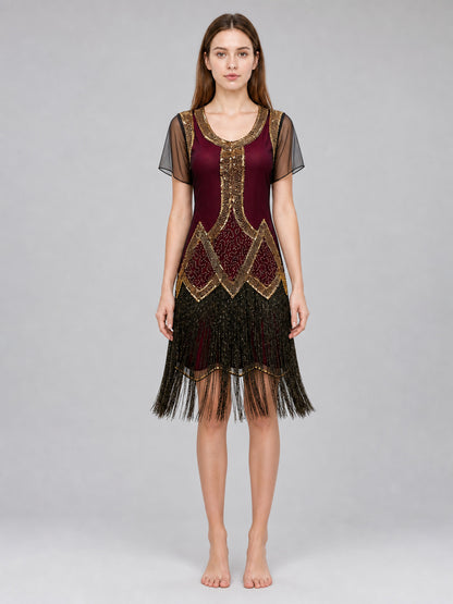 Gatsby-Style Dress with Fringe and Sequins front view