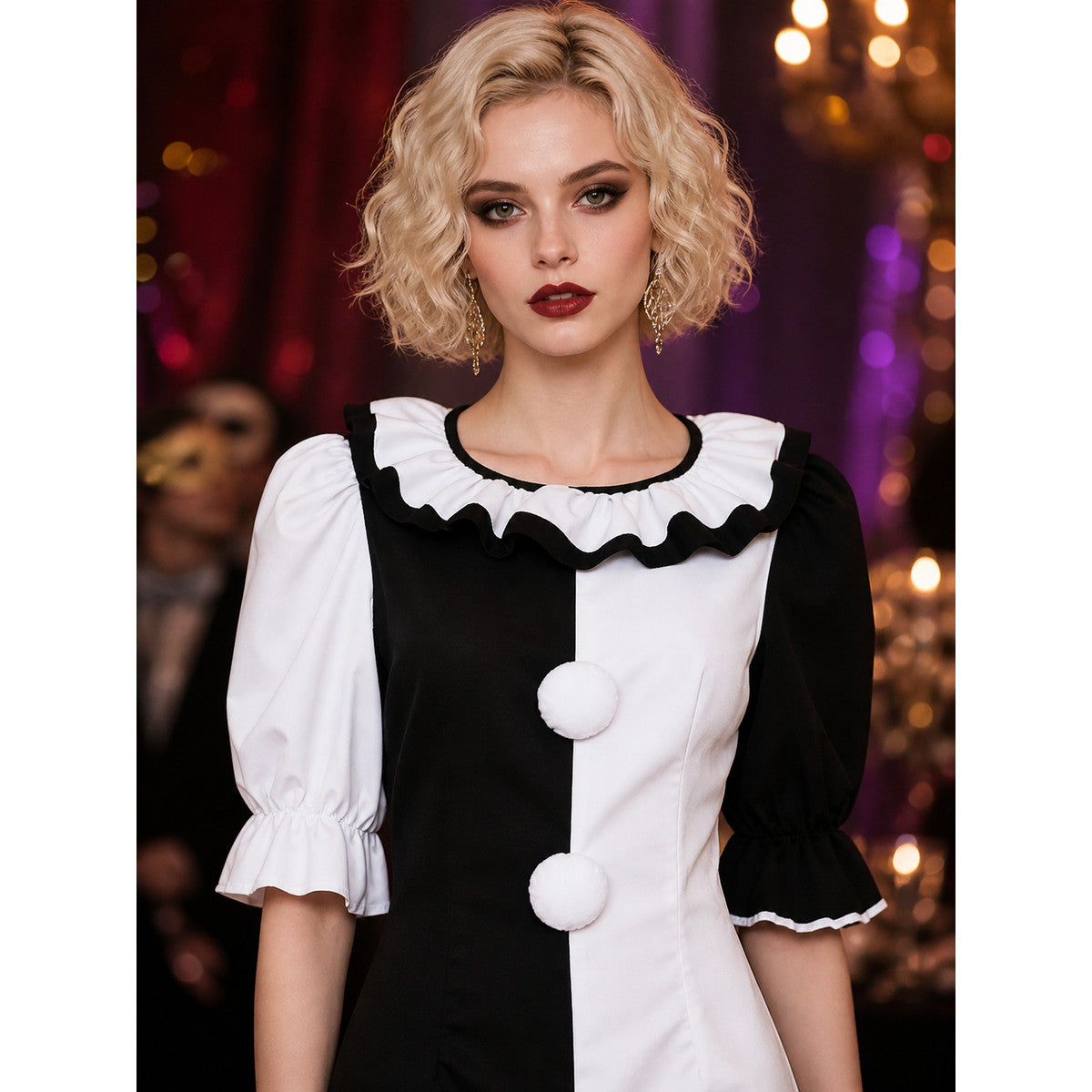 Clown Circus Costume Dress, Puff Sleeve Ruffled Collar, Black and White on-model view