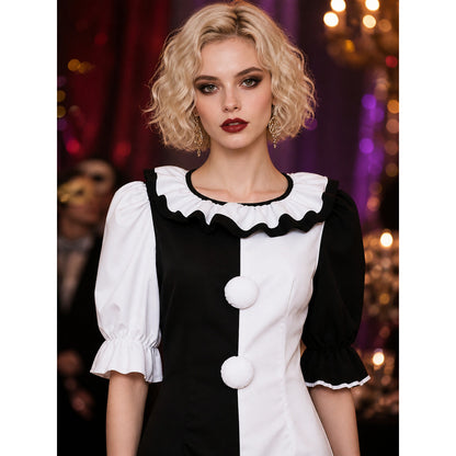 Clown Circus Costume Dress, Puff Sleeve Ruffled Collar, Black and White on-model view