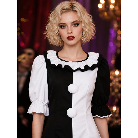 Clown Circus Costume Dress, Puff Sleeve Ruffled Collar, Black and White on-model view
