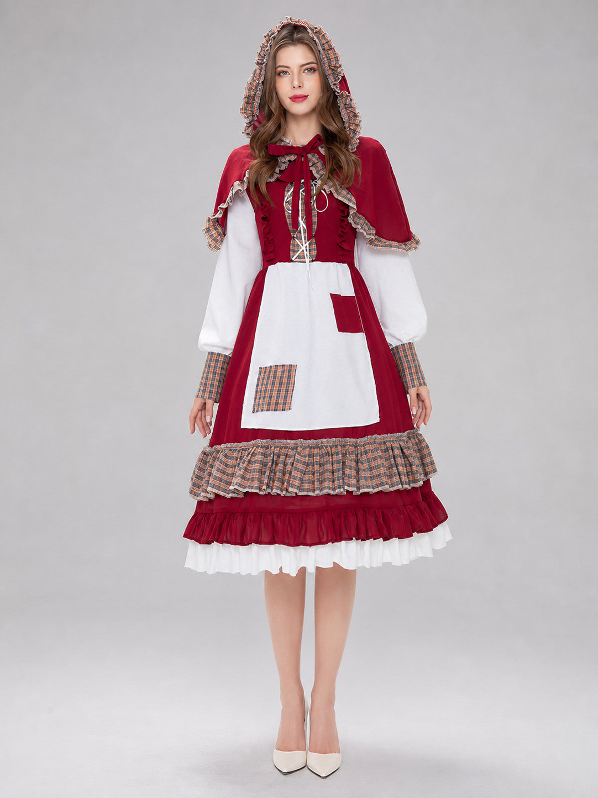Little Red Riding Hood Costume: Dress with Apron and Cape front view
