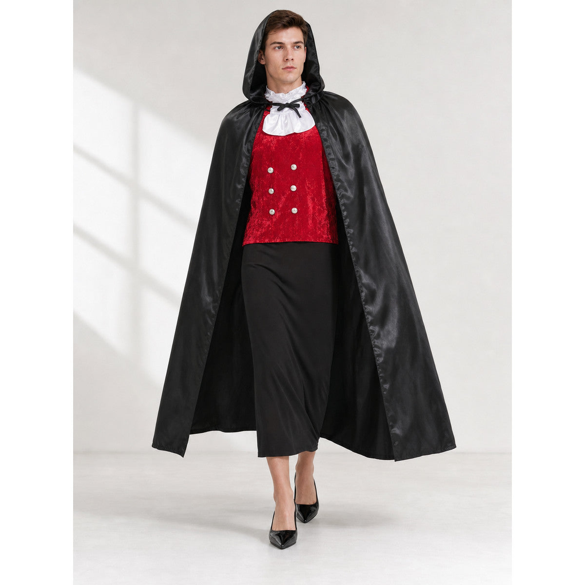 Black Hooded Carnival Cloak for Cosplay front view