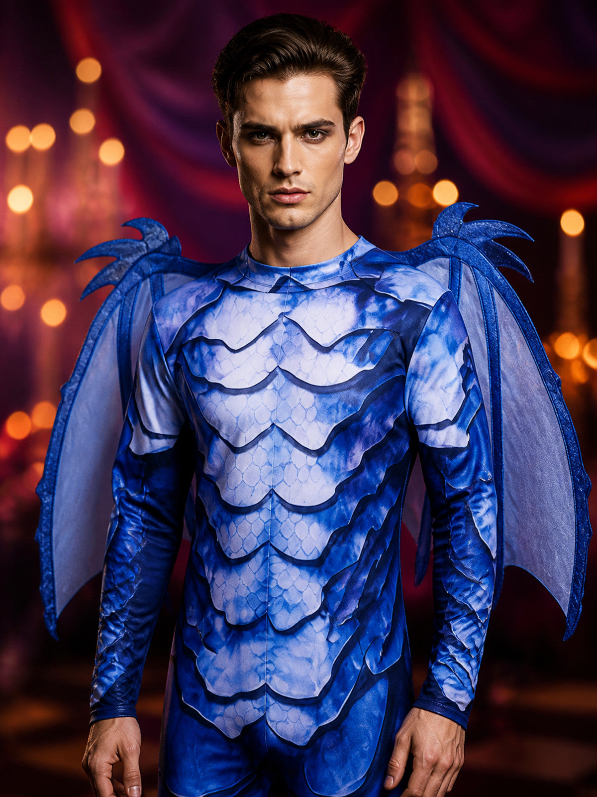 Kids' Blue Frost Dragon Knight Costume with Wings, Tail & Spikes, Halloween on-model view