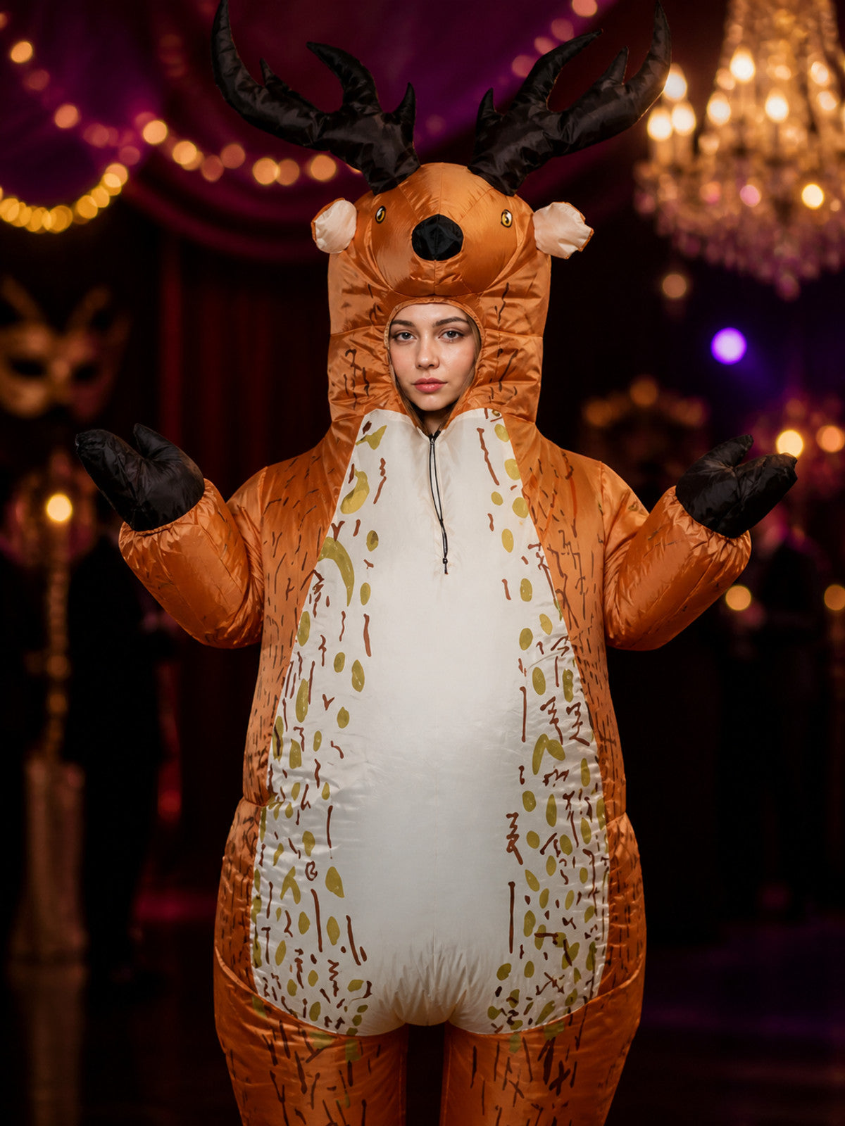 Inflatable Deer Costume, Funny Halloween Outfit with Antlers and Hooves on-model view