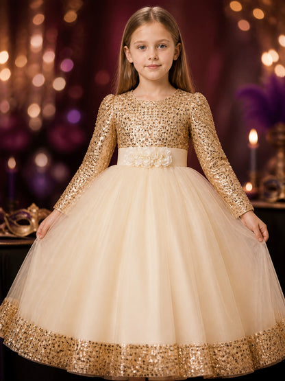 Girls' Champagne Princess Dress, Long Sleeve Sequin Flower Halloween Costume on-model view